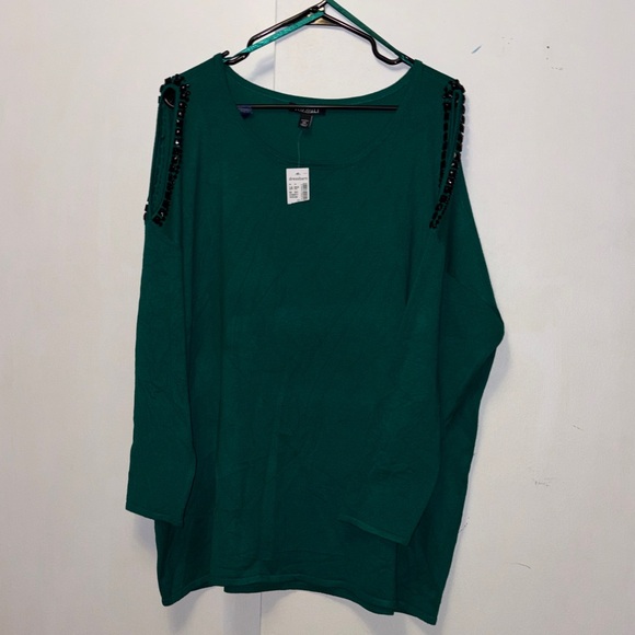 Roz & Ali Sweaters - Roz & Ali Green light sweater with Black Beaded Shoulders